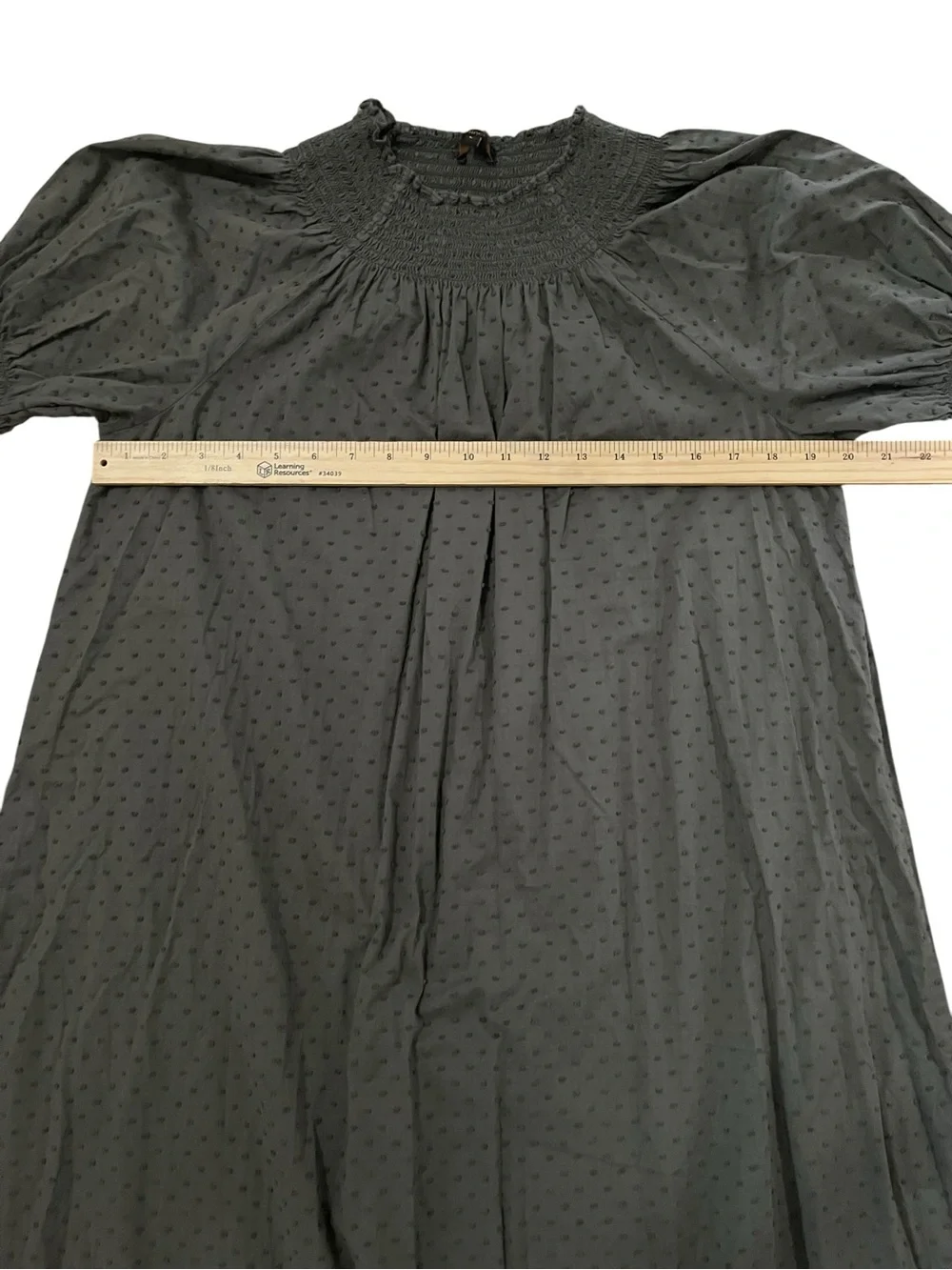 Quince Charcoal Gray Swiss Dot Smocked Midi 100% Cotton Puff Sleeve Large - Picture 9 of 11